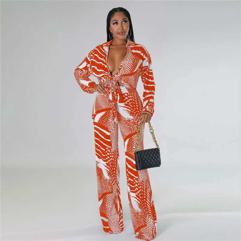 Casual Loose Print Two Piece Set Women Lace-up V-neck Shirt Top and Wide Leg Pants Matching Sets Party Club Outfits for Woman