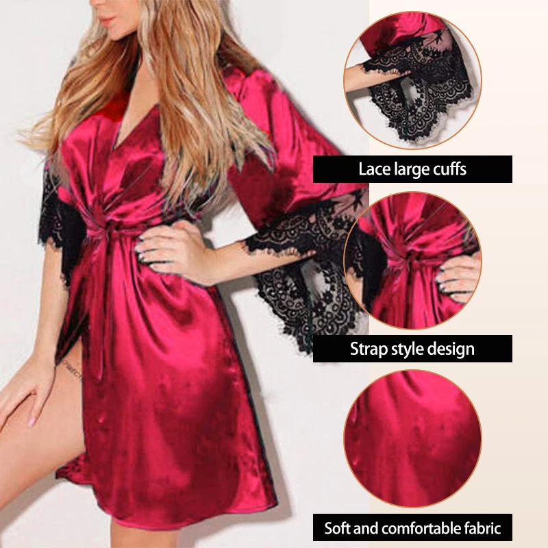 Summer New Fashion Deep V Neck Women's Sexy Lace Silk Pajamas Lace Cuffs Women's Sexy Nightgown Set With Belt