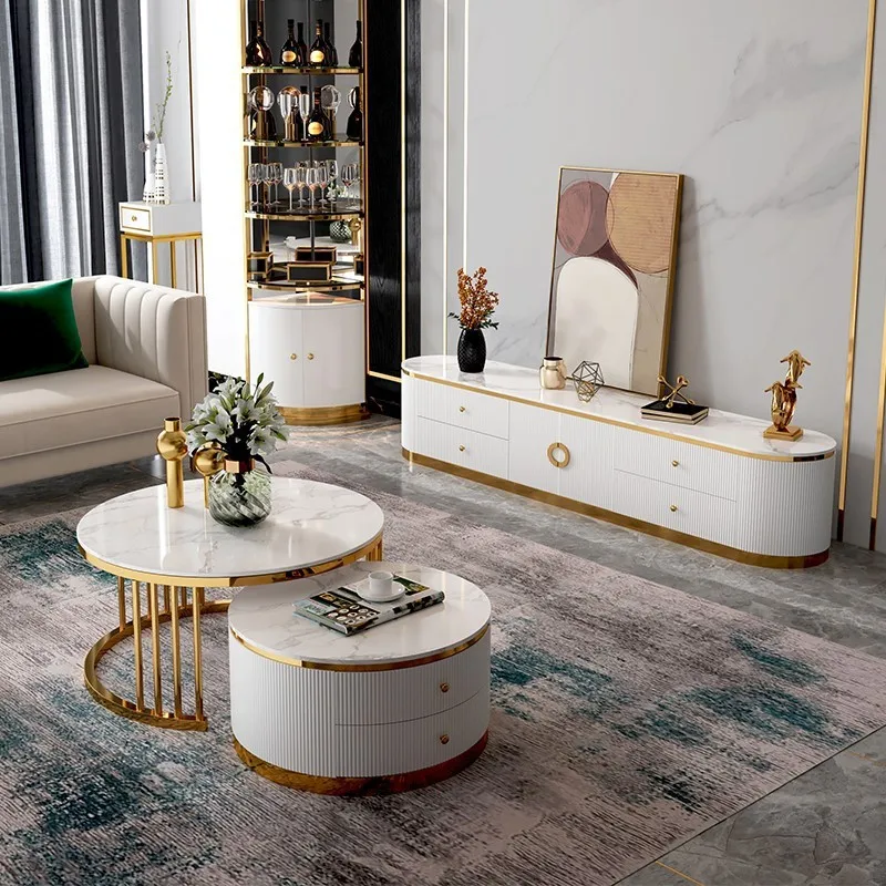 

Light Luxury Stone Plate Coffee Table TV Cabinet Set Marble Living Room Home Simple round and Tea
