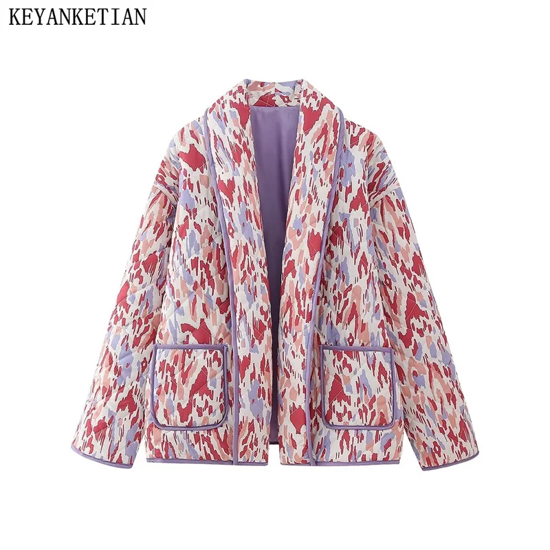 

KEYANKETIAN Winter New Women's Tie-Dye Cotton-Padded Jacket Vintage Seam Detail Double Pockets Loose Thick Warm Outerwear Top