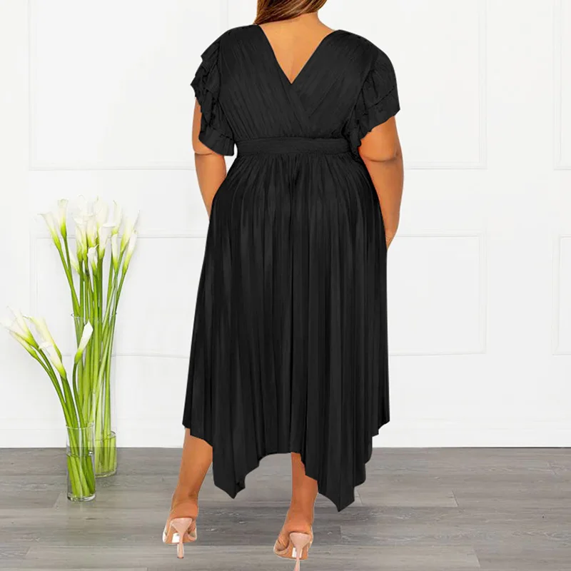Spring Summer Elegant Plus Size Clothes Fashion Deep V-Neck Solid Color Splicing Ruffles 3/4 Sleeve Pleated Midi Long Dresses