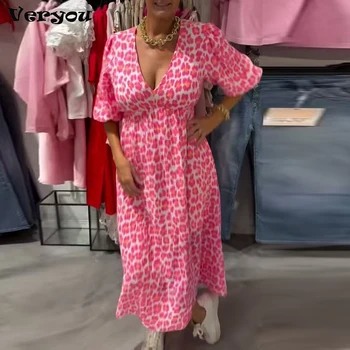 Summer Vintage Printing Women Boho Beach Maxi Dress Plus Size V Neck Short Sleeve A-Line Loose Midi Dress