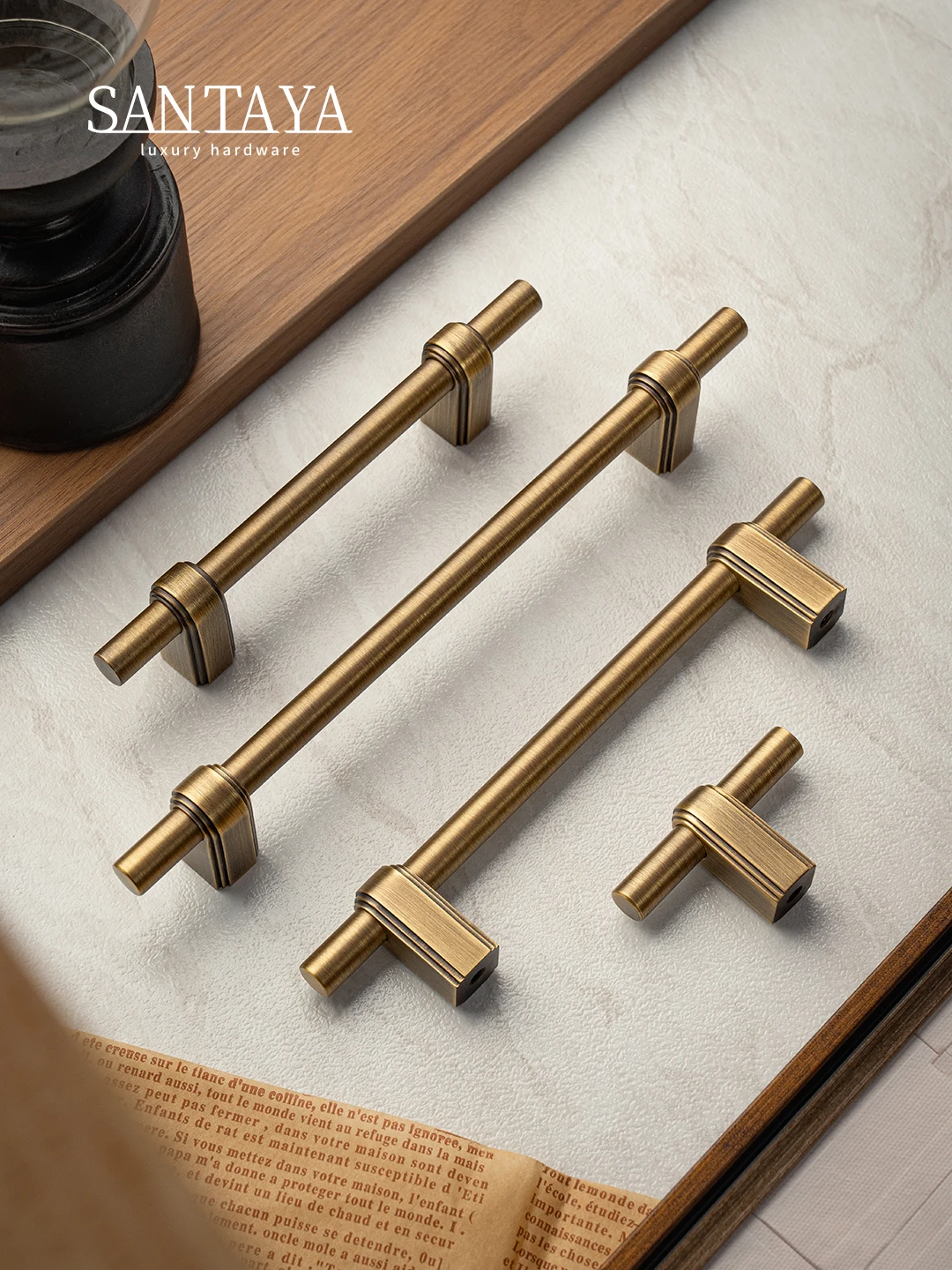 Santaya มือจับตู้ครัวทองเหลืองขัดเงาแบบโบราณ มือจับลิ้นชักตู้เสื้อผ้าห้องนอน มือจับเฟอร์นิเจอร์แบบยาวรูปตัว T 1