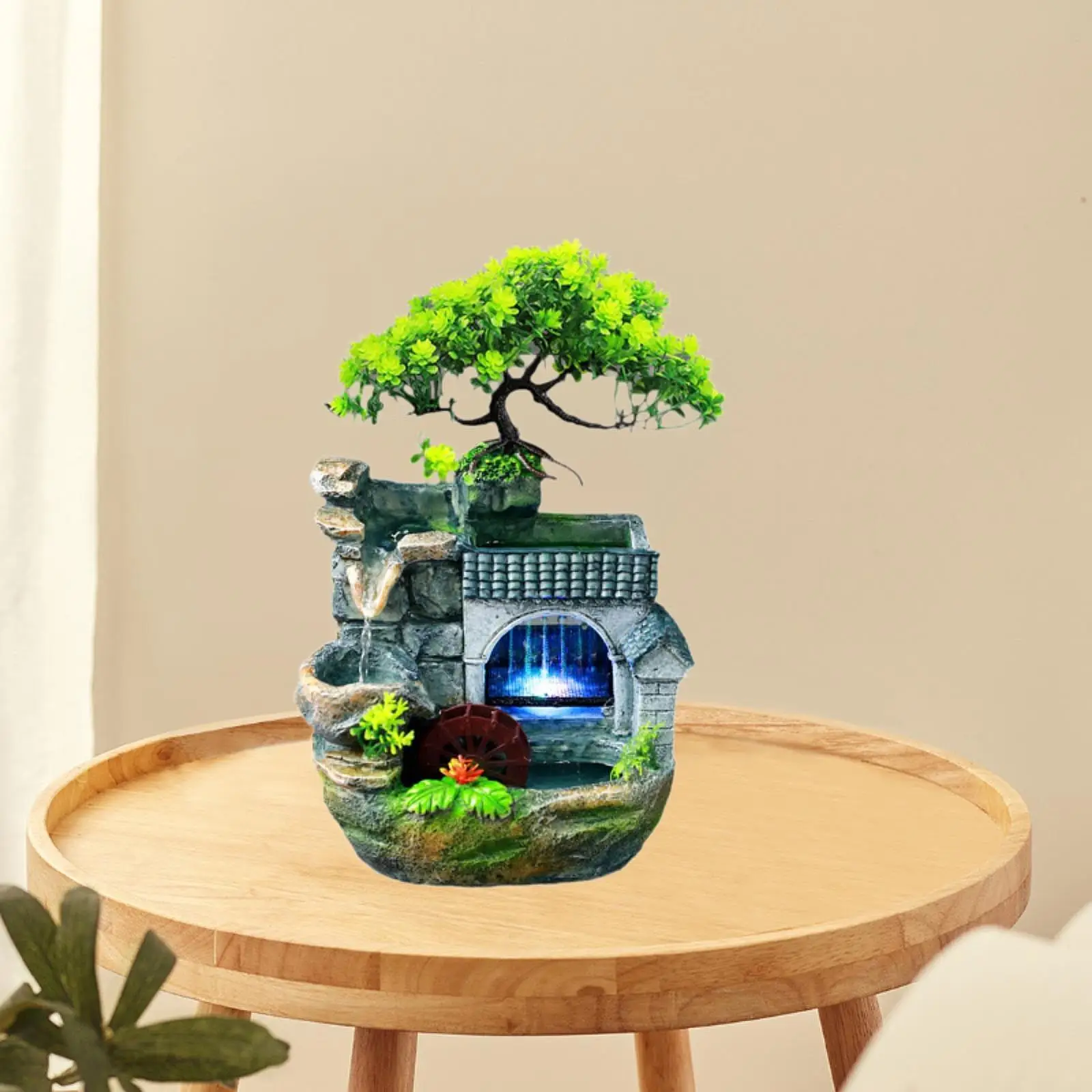 Table Water Fountain with Colorful Light EU 220V Feng Shui Ornament with Pump Mini Waterfall for Living Room Handmade Versatile