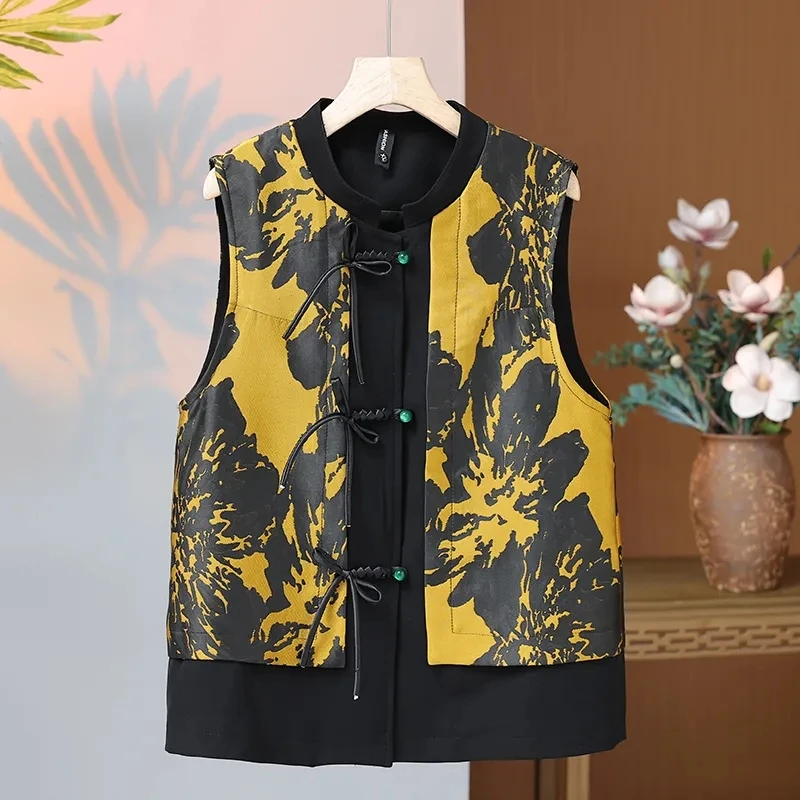 

Spliced Satin Suit Vest Top 2024 Spring and Summer New Chinese Style Buckle Western Style Fashionable Round Neck Waistcoat Coat