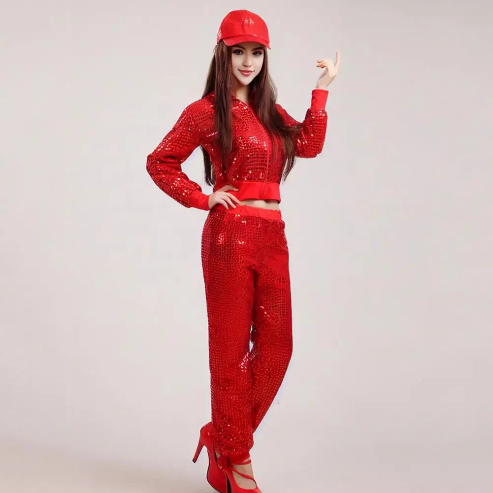 

Sequin Decoration Costume Set Shiny Sequin Adult Performance Suit Set with Hooded Zipper Elastic Waist for Cheerleader Hop