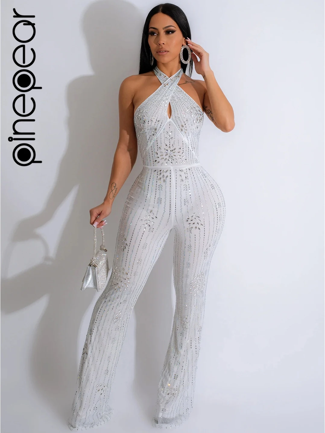

PinePear 2024 Sparkly Diamond Rhinestone Rompers for Women Jumpsuits Halter Backless Skinny Birthday Party One Piece Overalls