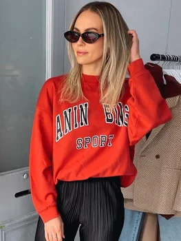 Red Sweatshirt for Women Letter Printed Round Neck 1