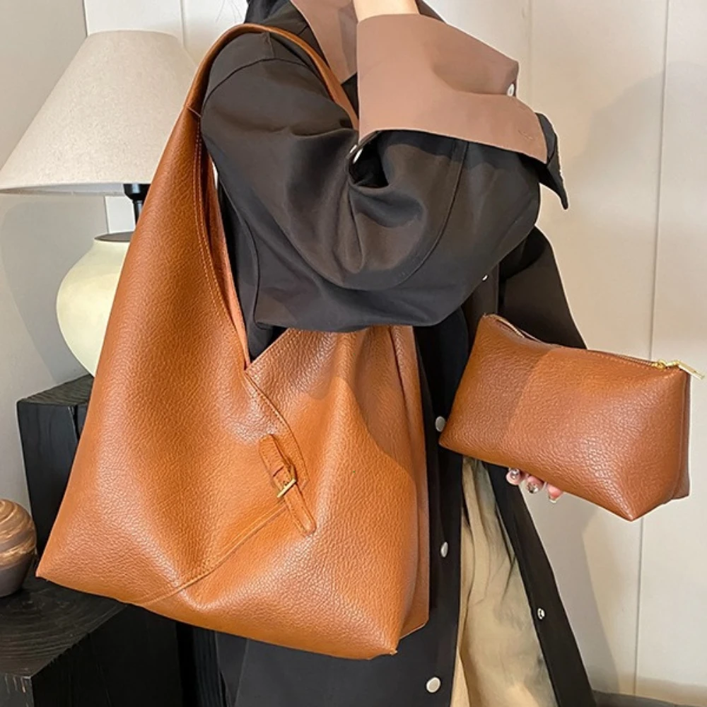 Lychee Pattern 2-IN-1 Soft PU Leather Shoulder Bag Set for Women - Large Capacity Winter Tote Handbags