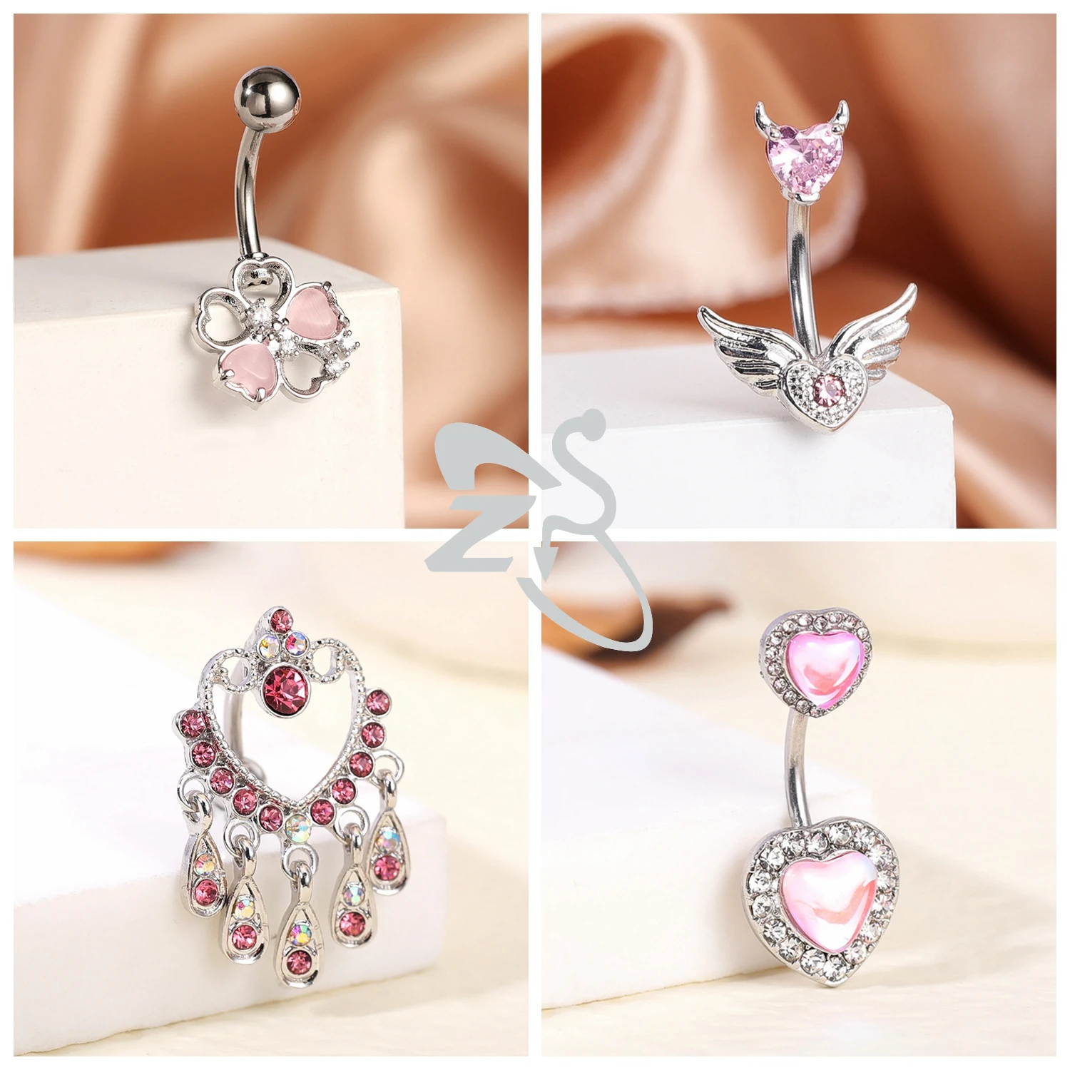 ZS 1 Piece Pink CZ Crystal Pendant Belly Button Rings Cute Heart Butterfly Flower Stainless Steel Navel Piercings Body Jewelry