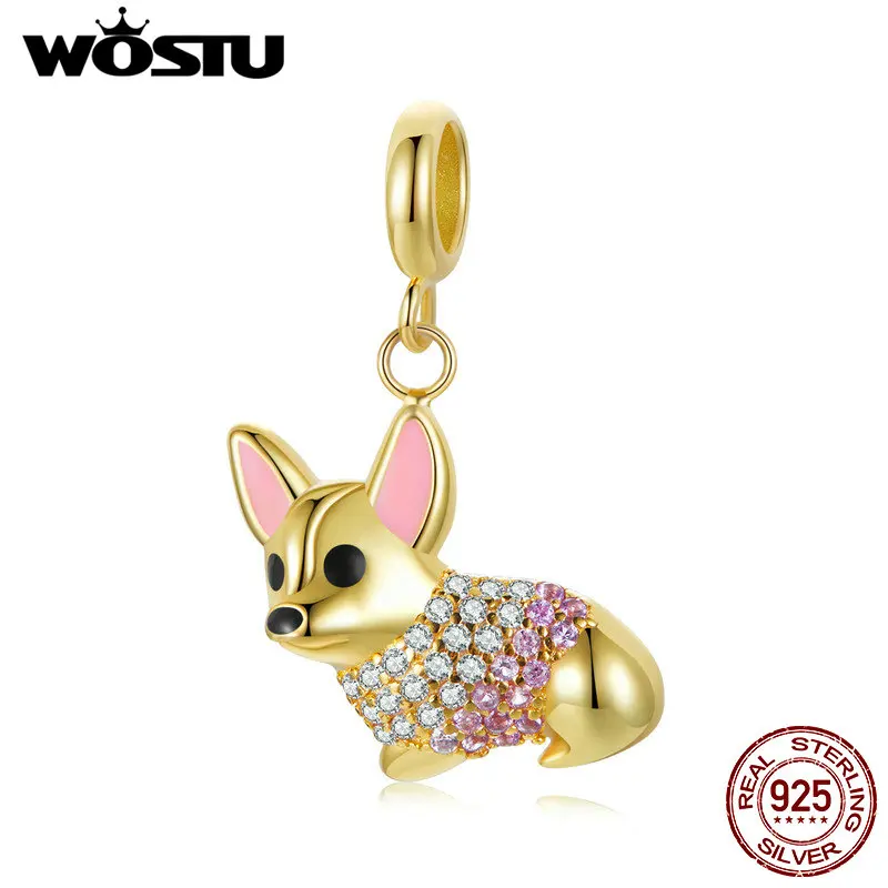 

WOSTU 925 Sterling Silver 18K Gold Lovely Corgi Dog Charms Pendans Full Zircon Animal Beads Fit Original Bracelet DIY Necklace