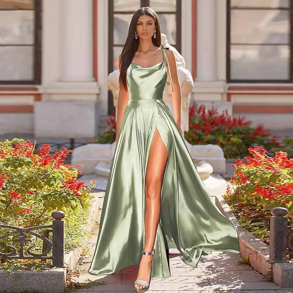 Kobiety Spaghetti pasek satynowa sukienka na studniówkę długa elegancka mięta zielona Backless lato linia Maxi suknia wieczorowa na przyjęcie Vestidos Gala