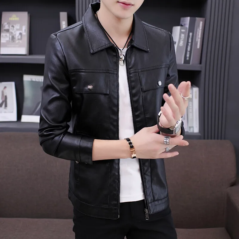 New tide men handsome lapel biker leather jacket autumn leather jacket men's youth Slim Korean style jacket