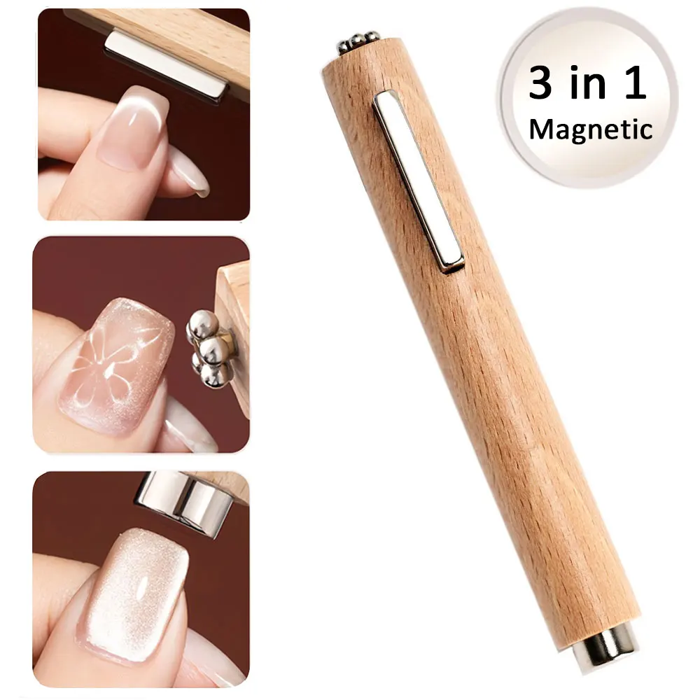 Natural Wood Handle 3 in 1 Super Strong Cat's Eye Magnetic Cylinder Nail Art Tools UV Gel Gel Polish Magnet Stick French & Wide magnetic nail art tools cat eye nail tool magnetic nail tools