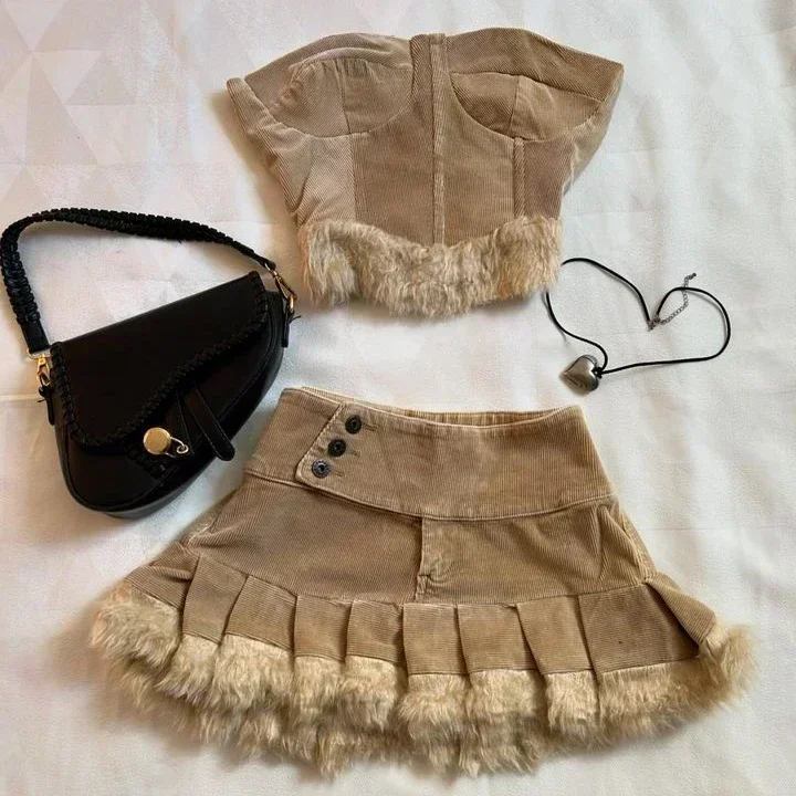 Two Piece Sets Womens Outifits Y2K Pu Leather Spliced Denim Black Skirt Sets New Harajuku Gothic Sexy Zipper Jacket Mini Skirt 5