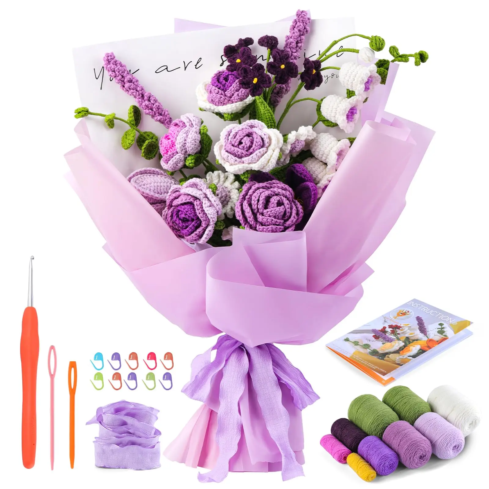 Crochet Kit Flower Bouquet Rose Kit for Beginners Step-by-Step Video Tutorials Present Home Decor crochet kit
