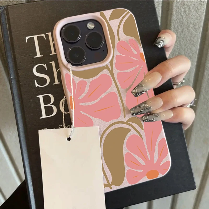Charming Pink Floral Lychee Texture Soft Phone Cover
