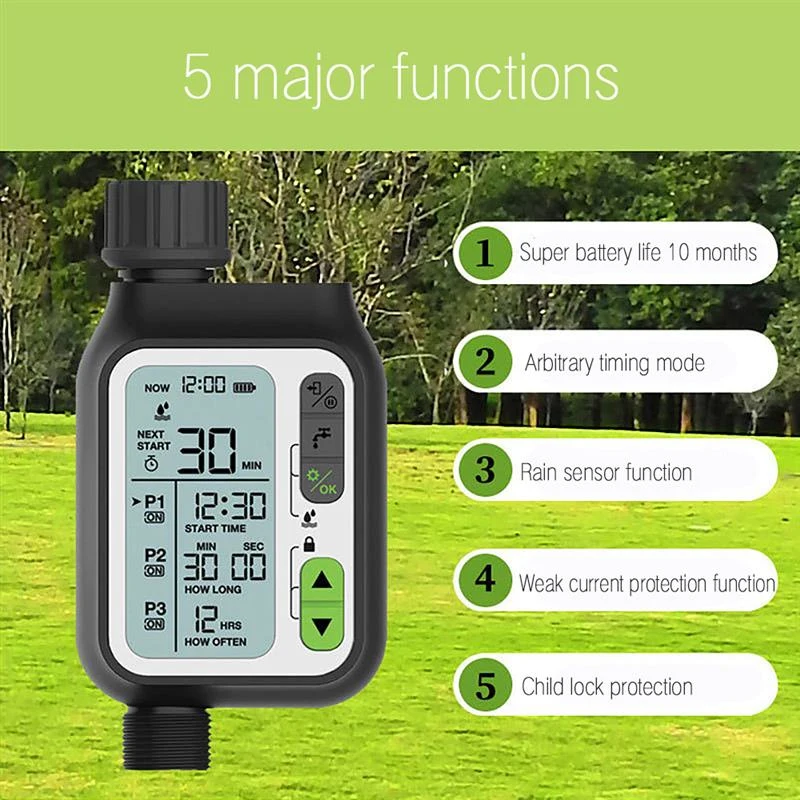 

Automatic IRRIG System Garden Water Timer With Rain Sensor 3 Separate Timing Programs Waterproof Irrigation Controller