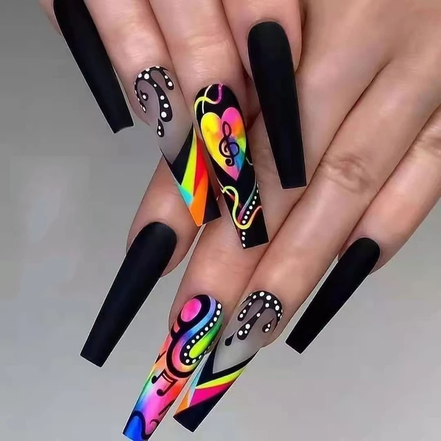 Juego de uñas postizas 3D, set de uñas postizas acrílicas largas con puntas  de cápsula, suministros de manicura DIY, diseños coloridos de partituras -  AliExpress