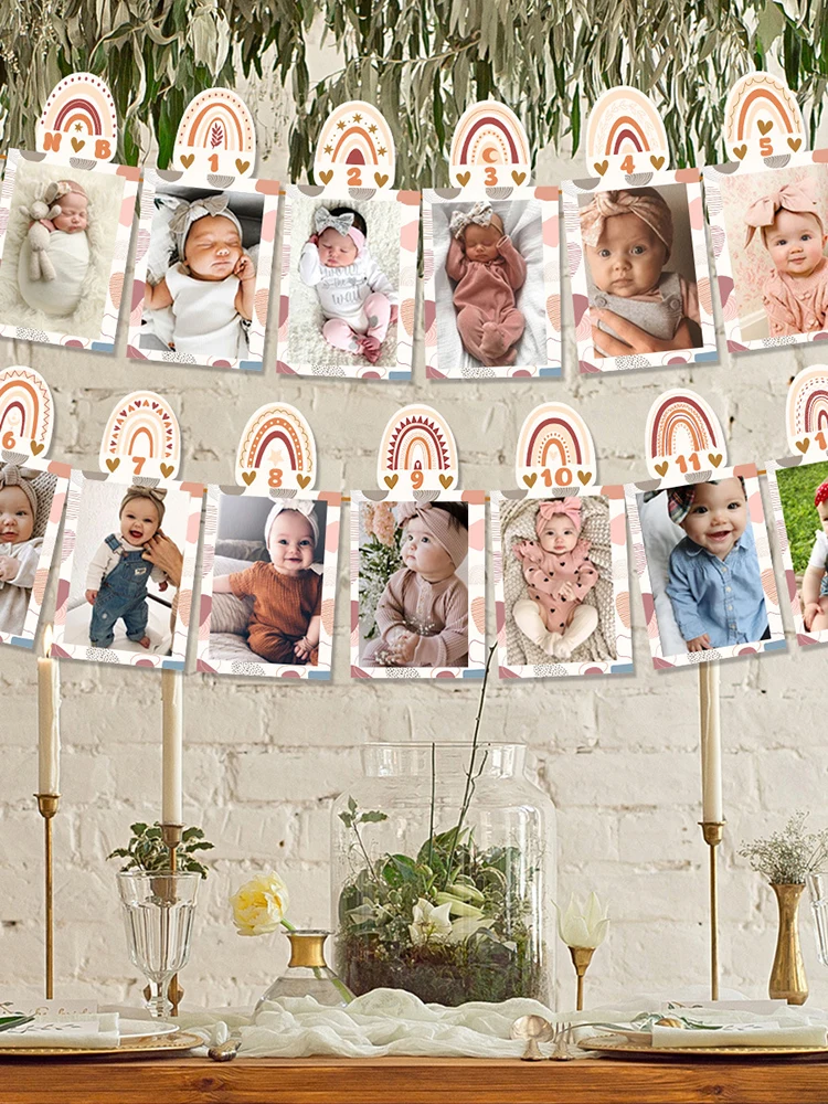 1Set Bohemian Regenbogen Foto Banner Neugeborenen 1-12 Monate Papier Banner 1. Geburtstag Girlande Monatliche Hängen Anhänger party Versorgung – Detail 3