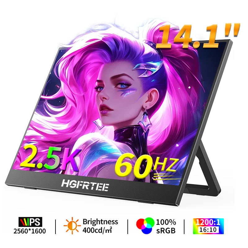 HGFRTEE 2.5K 14.1인치 휴대용 게임 모니터 60Hz QHD IPS US..