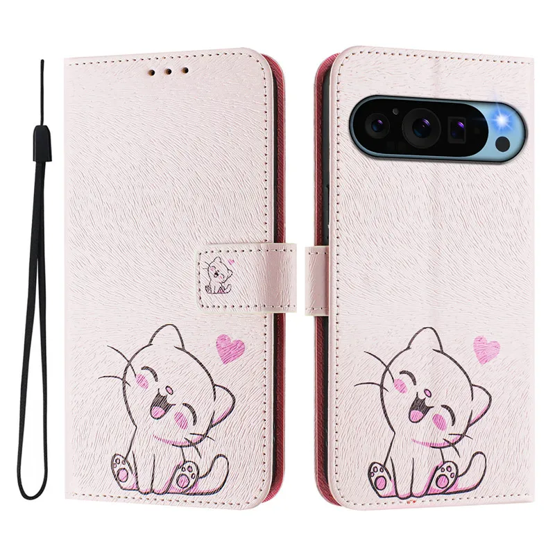 Leather Flip Cover Wallet with Magnetic Closure - Cat & Flower Design