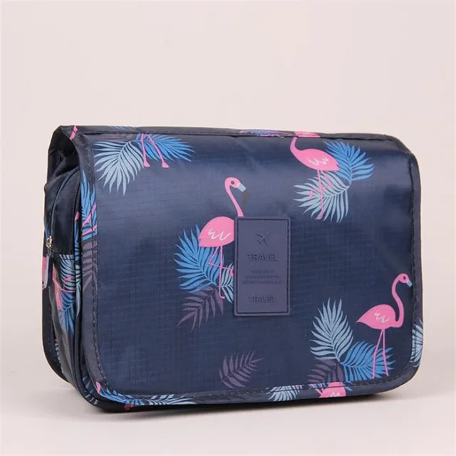 Nylon Hook Up Cosmetic Bag Women Travel Toiletries Storage Bag High Quality Waterproof Makeup Pouch Ladies Make-up Beauty Bag Navy Flamingo