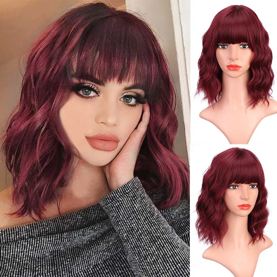 I's a wig Short Wavy Bob Wig with Bangs Wigs Shoulder Length Wigs for Black Women Synthetic Black Mixed Brown Wigs for Daily Use