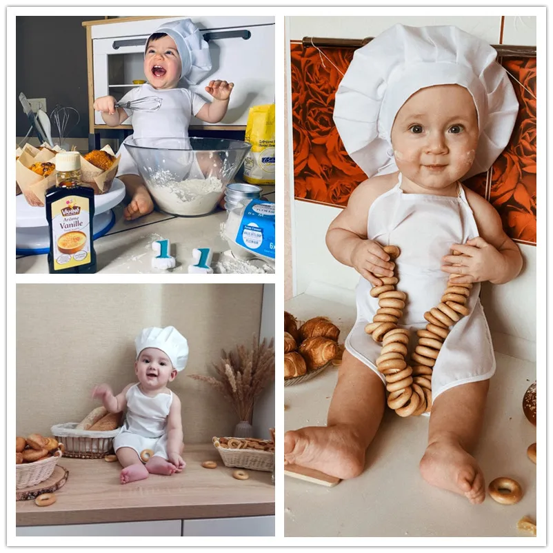 Tablier et chapeau de chef pour enfants, costume de chef, accessoire de photographie pour bébé, 2 pièces par ensemble