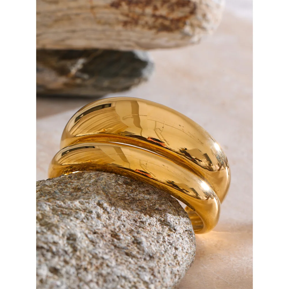 Yhpup 18K Golden PVD Plated Stainless Steel Double Layer Cuff Statement Bracelet