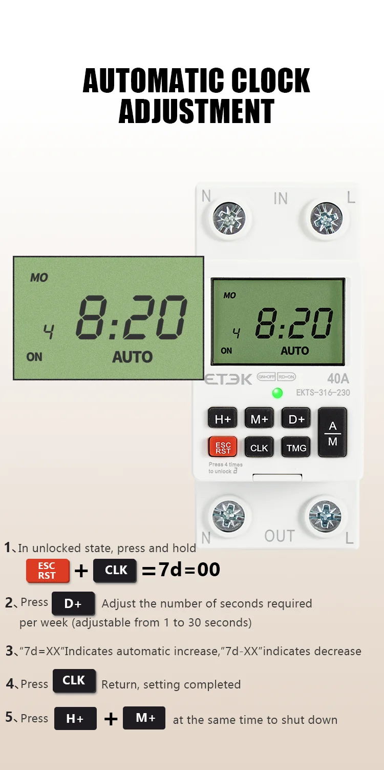 220V DIN rail 40A 2p with battery 7 day countdown timer Sunday hour programmable