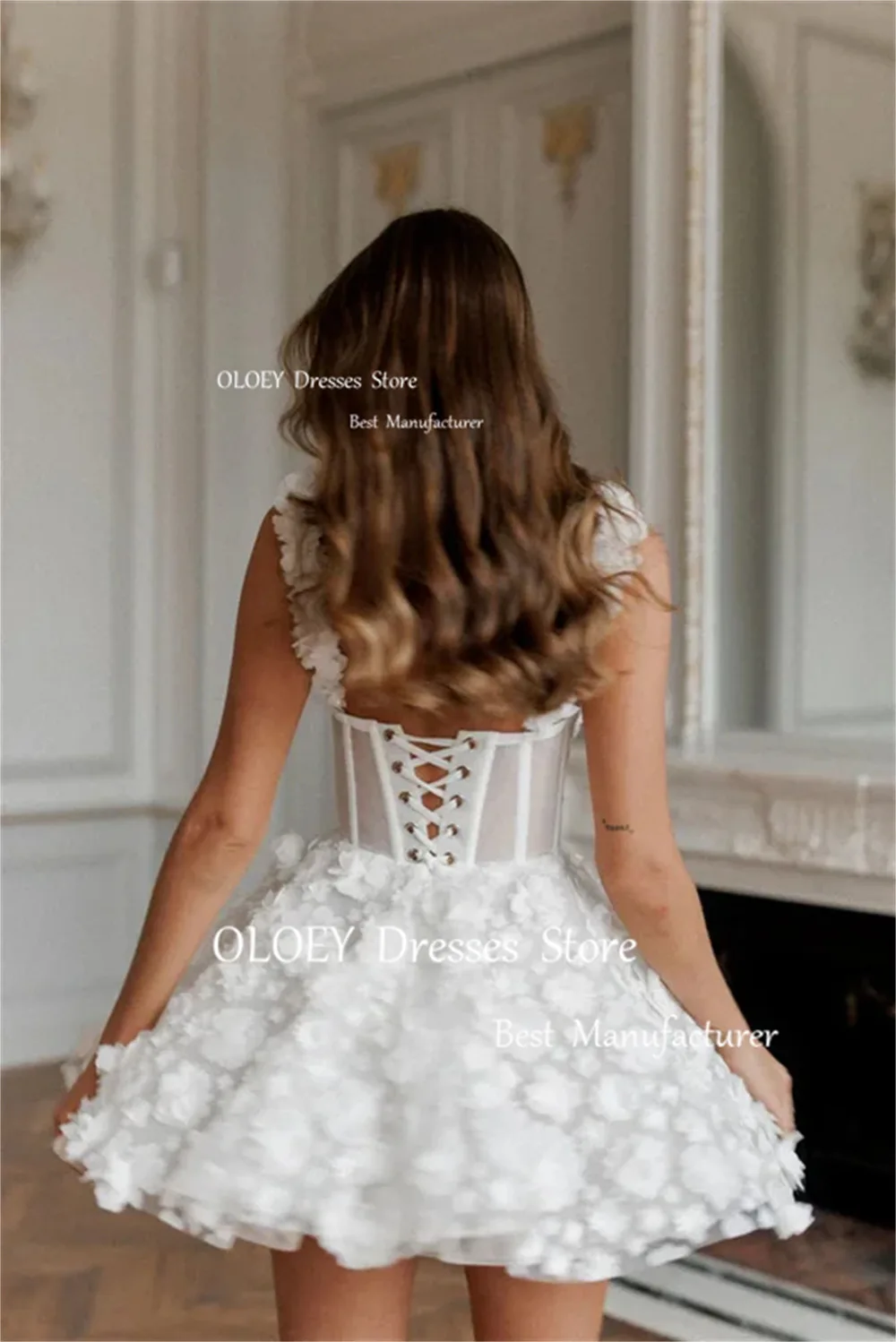 Spaghetti Straps Short Wedding Dress Corset Sleeveless Exquisite Lace 3D Flowers A Line Free Bridal Gowns