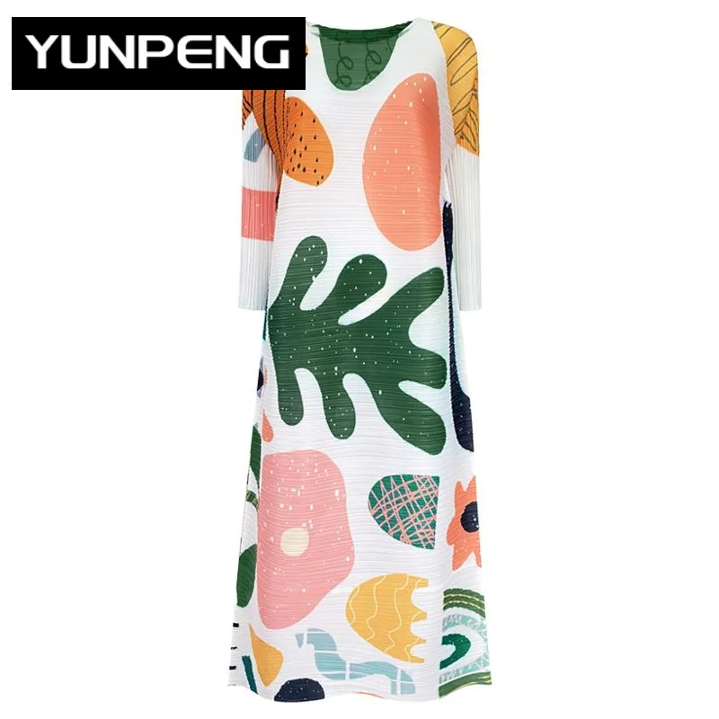 

2023 High Quality Luxury Floral print Long Sleeve Stitching Lace Pleated folds loose Dress for plus size women African clothing