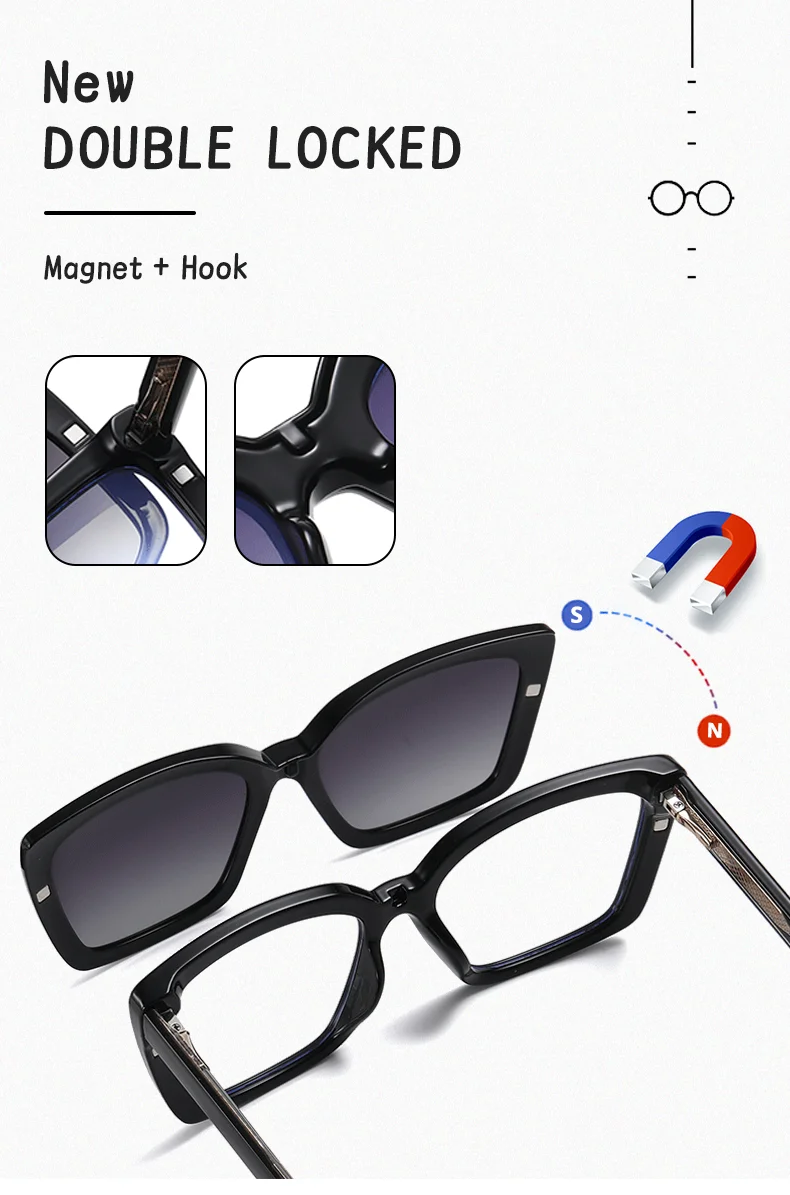 2025 Trend Brillengestell Frau 2-in-1 Damen-Sonnenbrille Luxus Designer Cat Eye Brille Damen Magnet Clip On Brille Zero – Detail 2