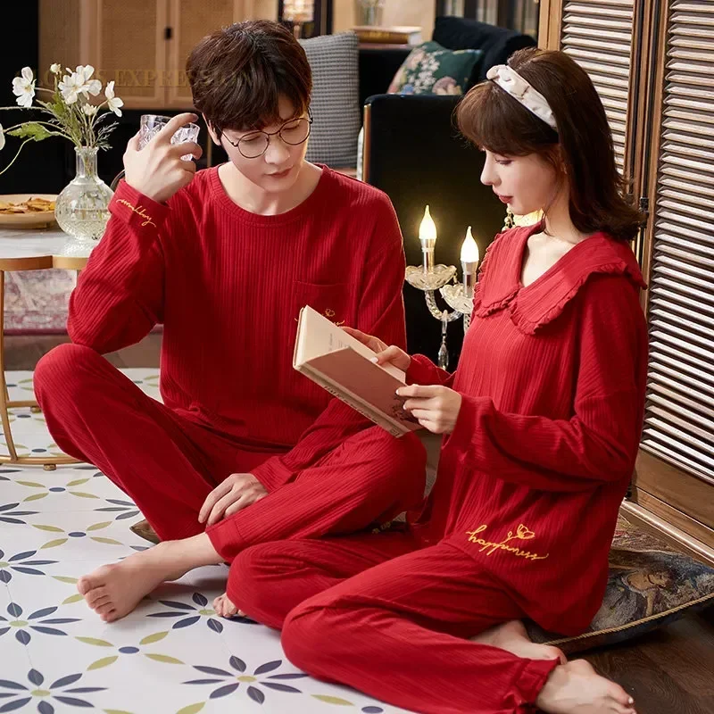 

Loungewear Pyjamas Couple O-neck Matching Mens Knitted Suits Sleepwear Sleep Pajama Spring Autumn Pajamas Sets Wedding PJ