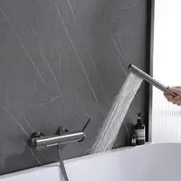 ก๊อกน้ำอ่างอาบน้ำทองเหลืองแบบติดผนังพร้อมฝักบัวมือถือ สีทองขัดเงา สีกันเมทัล และโครเมียม 5