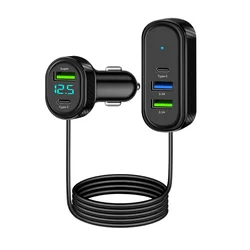 Ultra - Powerful 5 - in - 1 Car Charger with Dual USB & Type - C Ports, 66W Super Fast Charging and Voltage Display, 150cm Cable (Black)