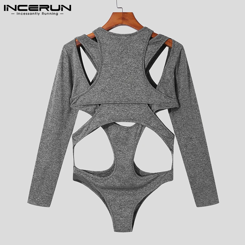Sexy Leisure Style Loungewear Men's Hollow Onesies Stylish Male Jumpsuit Solid Long Sleeve Triangle Bodysuits S-5XL INCERUN