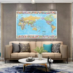 100*70cm Foldable Non-woven Fabric World Map In English with Country Flag Artistic Background Wall  Decor School Supplies