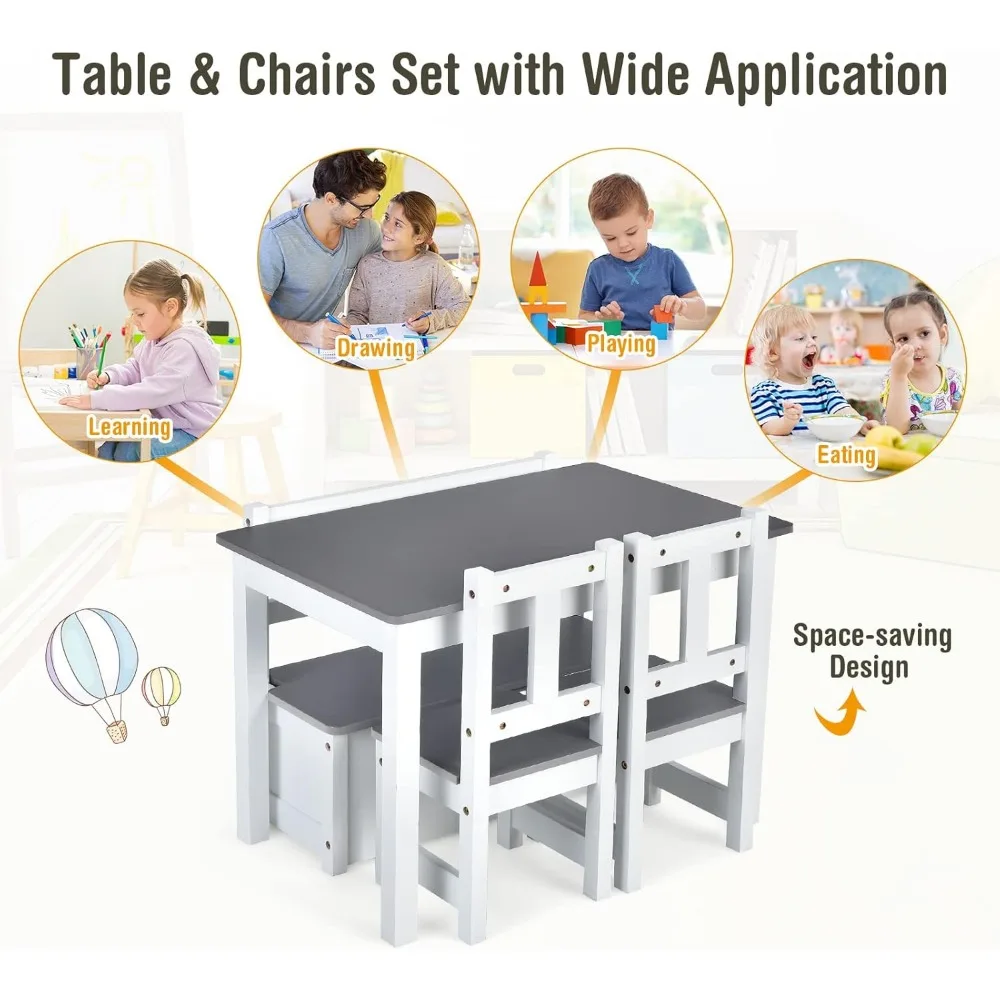 2 in 1 Kids Table and Chair Set, Wood Activity Table with Toy Storage Bench & 2 Chairs for Children Reading, Arts, Crafts 6