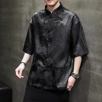 Robe traditionnelle chinoise d'été de haute qualité, chemise brodée de Dragon, vêtements pour hommes, soie glacée, demi-manches, hauts Vintage, grande taille 5
