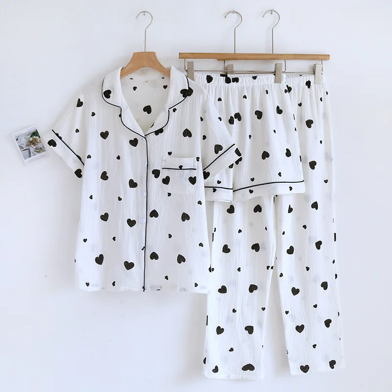 2024 New Spring/Summer Women's Pajamas Three Piece Set 100%Cotton Crepe Short Sleeves+Shorts+Pants Set Love Cute Large Home Fury