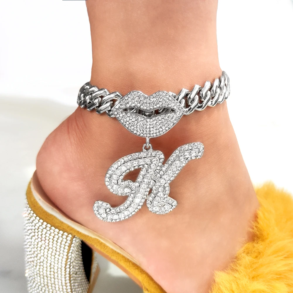 Initial Anklet Cuban Link Bubble Letter Chain ICY Cuban Initial