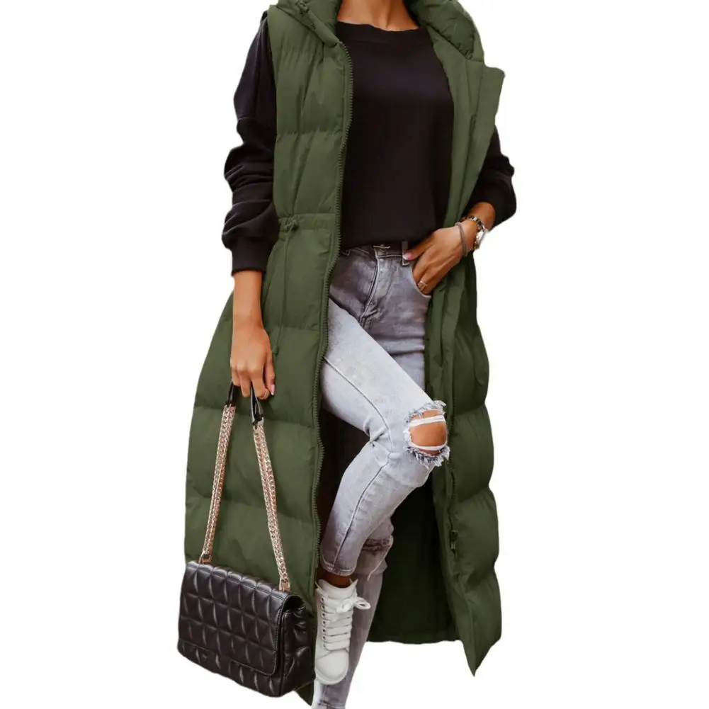 Autumn Winter Women Down Vest Long Zipper Hooded Pockets Sleeveless Coldproof Down Coat Jacket for Outdoor