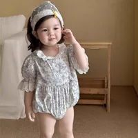 New Baby Girls Rompers Newborn Kids Baby Girls Short Sleeve Clothes Sweet Blue Flower Princess Rompers Infant Baby Girls Rompers