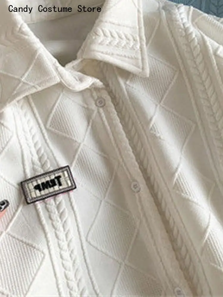 Long-Sleeve Top Loose Trend Diamond Button-Up Jacket High-End Waffle Lapel Shirt Cardigan Men Womenspring Autumn