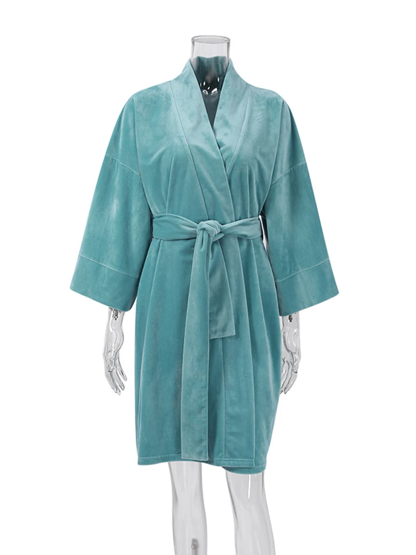 Marthaqiqi Velvet Ladies Robe Sexy V-Neck Sleepwear Long Sleeve Bathrobe Lace Up Nightgowns Knee-Length Dress Home Clothes Women