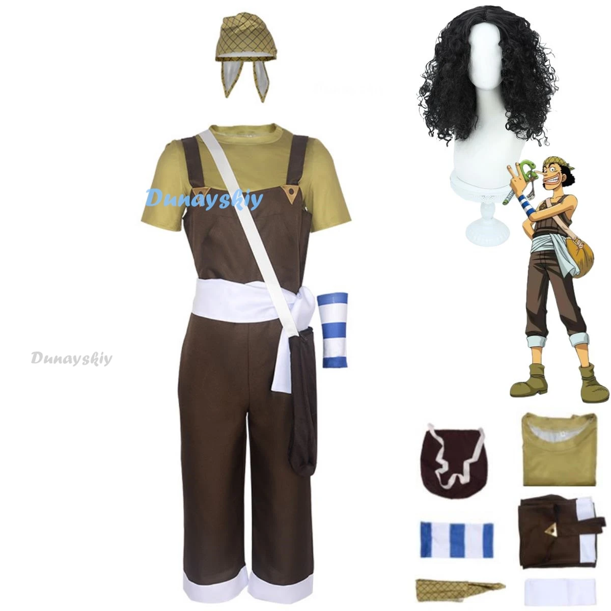 

Anime GOD Usopp Cosplay Costume Wig Brown Rompers Uniform T-shirt Scarf Full Set Adult Man Carnival Halloween Suit