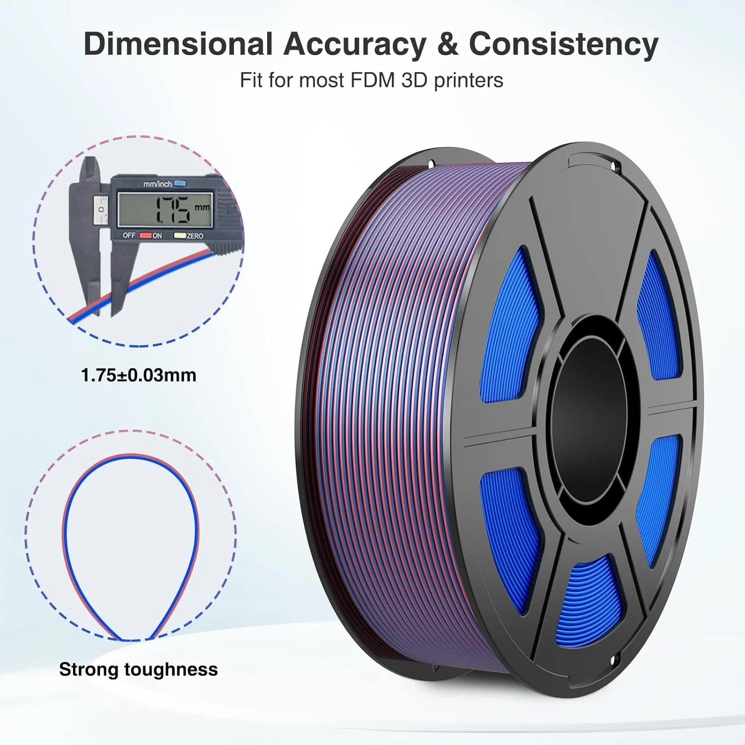 실크 PLA 필라멘트 1.75mm, 3D 프린터 필라멘트 이중 색상 공압출 필라멘트 PLA, 250g, 실크 로즈 레드 블루