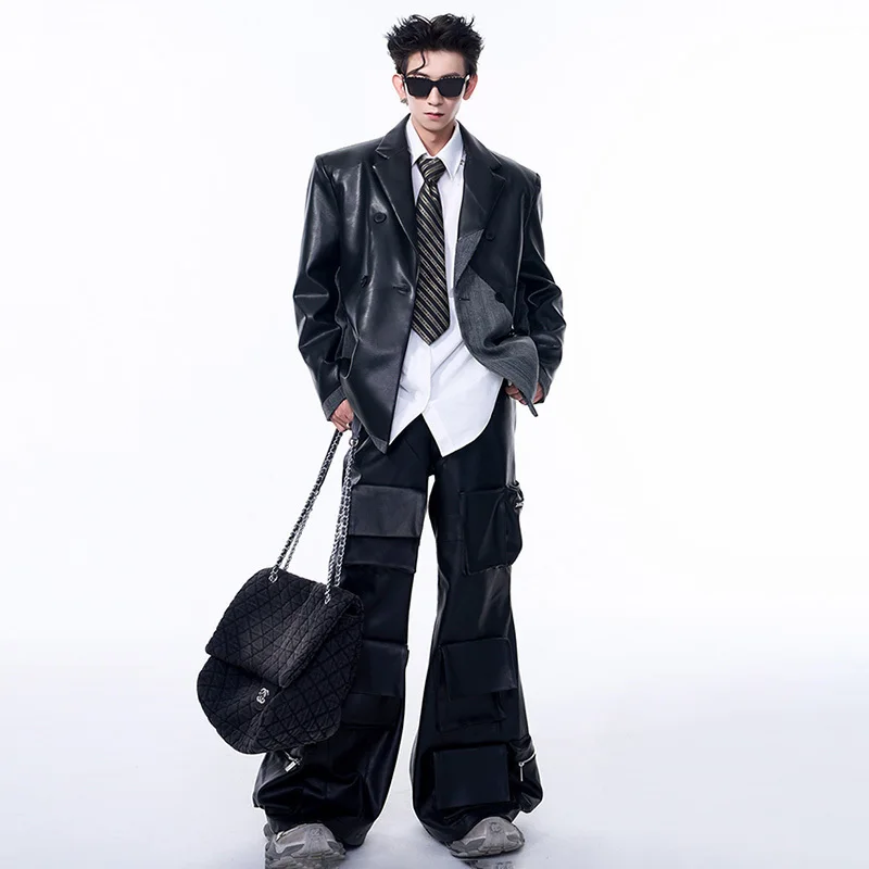 LUZHEN Faux Leather Patchwork Denim Shoulder Padded Suit Jacket Men's Autumn High-end Trendy Designer Street Blazer Coats LZ6993